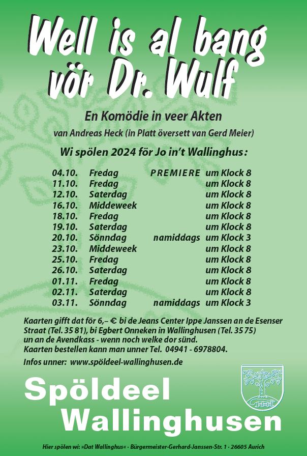 Plakat der Spöldeel Wallinghusen zu "Well is all Bang vör Dr. Wulf"