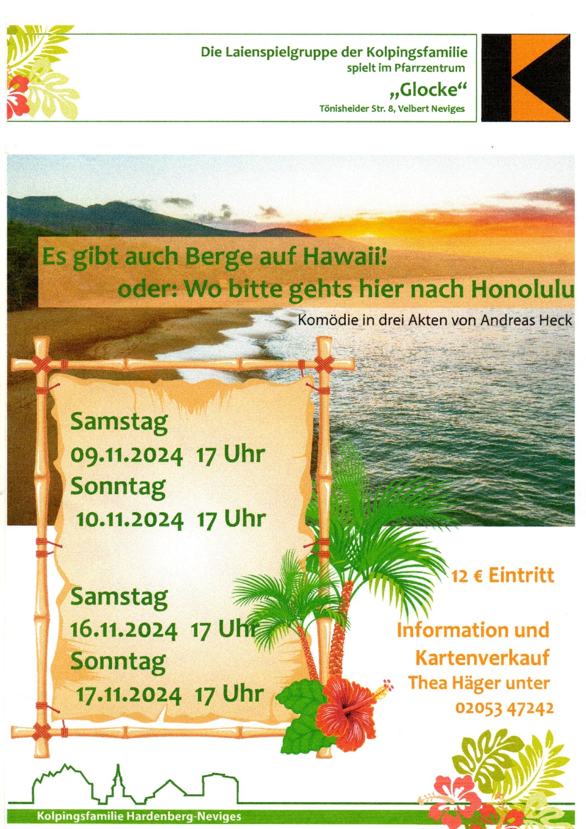 Plakat der Theatergruppe der Kolpingfamilie hardenberg Neviges zu "Es gibt auch Berge auf Hawaii"